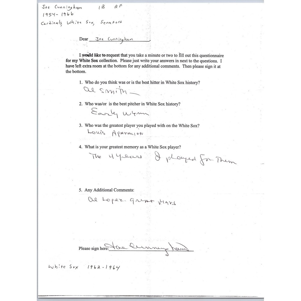 Joe Cunningham Autograph Hand Signed Questionnaire White Sox Baseball